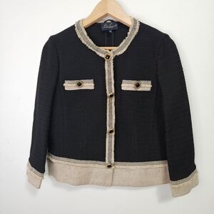 Luisa Spagnoli Classic Two Tone Jacket Sz 10 / 44 IT Black Beige Linen Trim